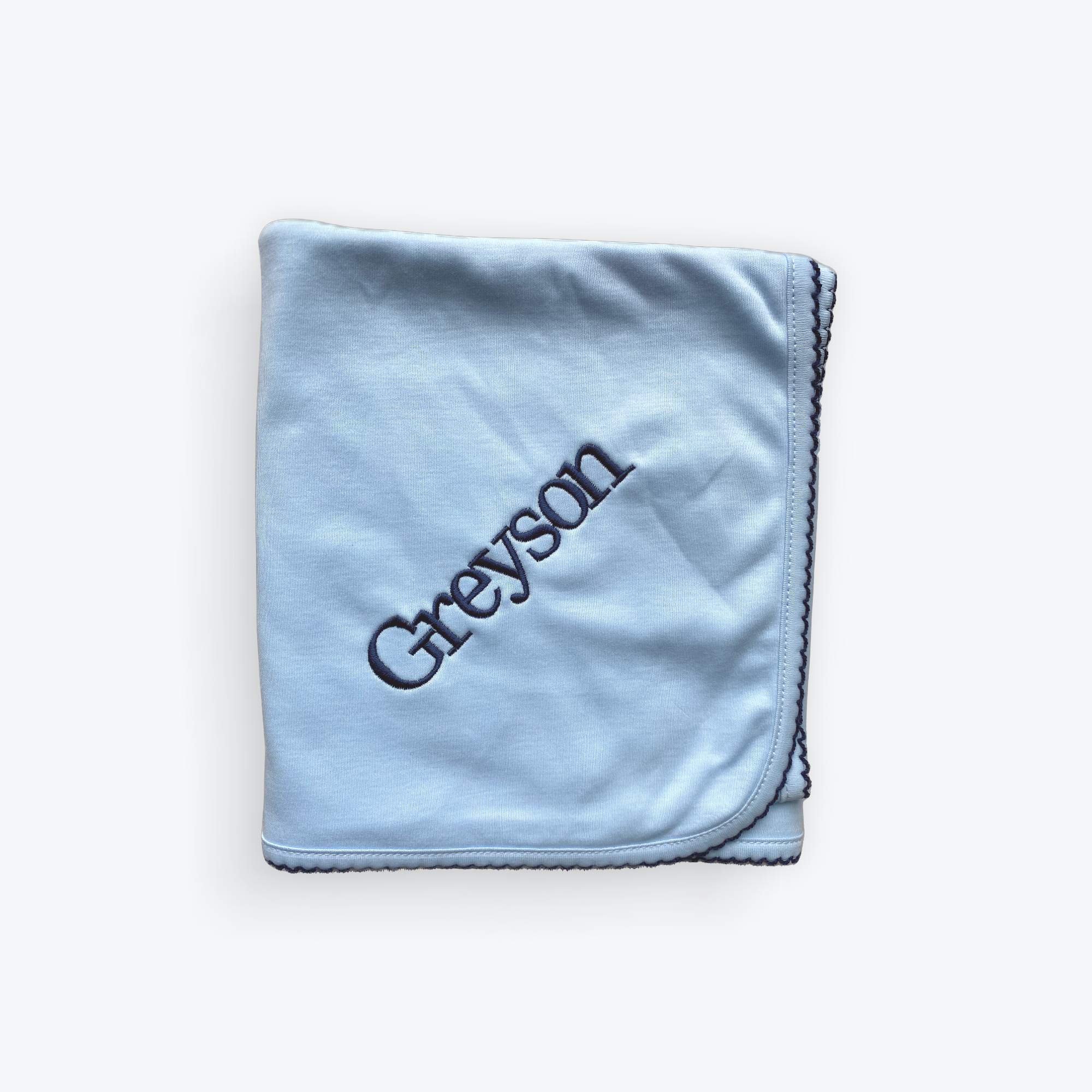 Personalized Blue Pima cotton baby blanket with navy trim by Cute as Buttons