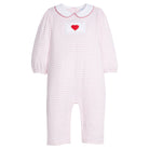 Love Letter Peter Pan romper by Little English in pink stripes with appliqué detai