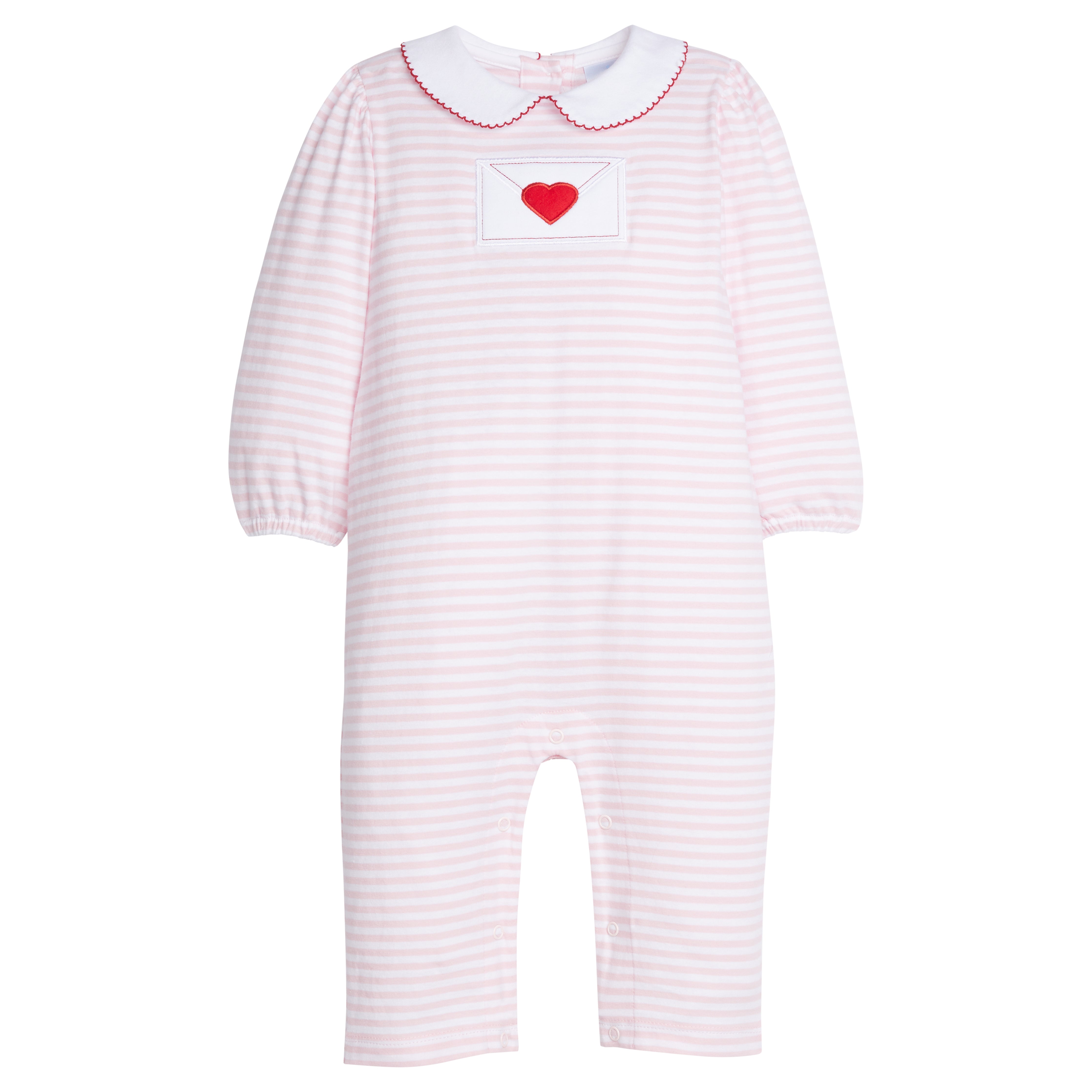 Love Letter Peter Pan romper by Little English in pink stripes with appliqué detai