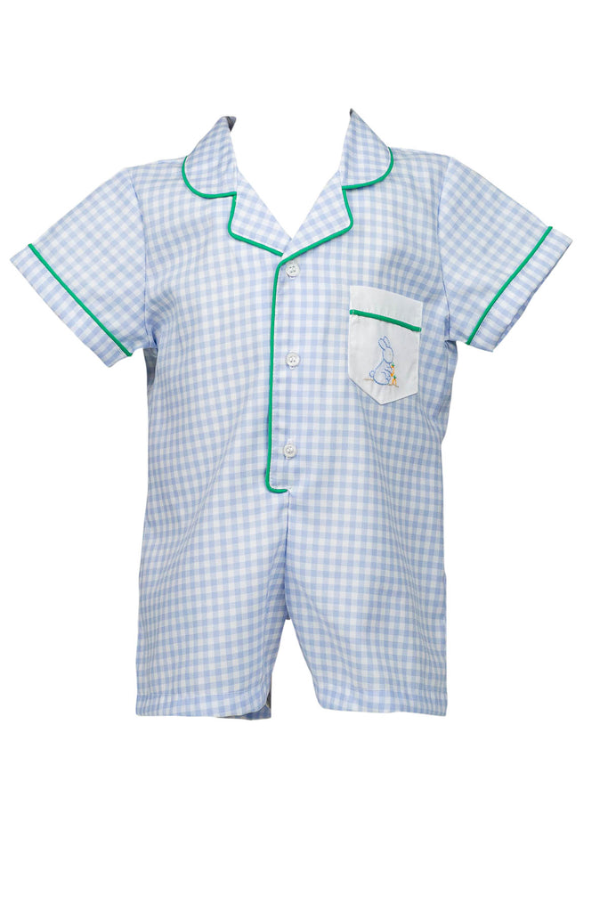 Bitsy Blue Gingham Easter Boy Romper by the Proper Peony