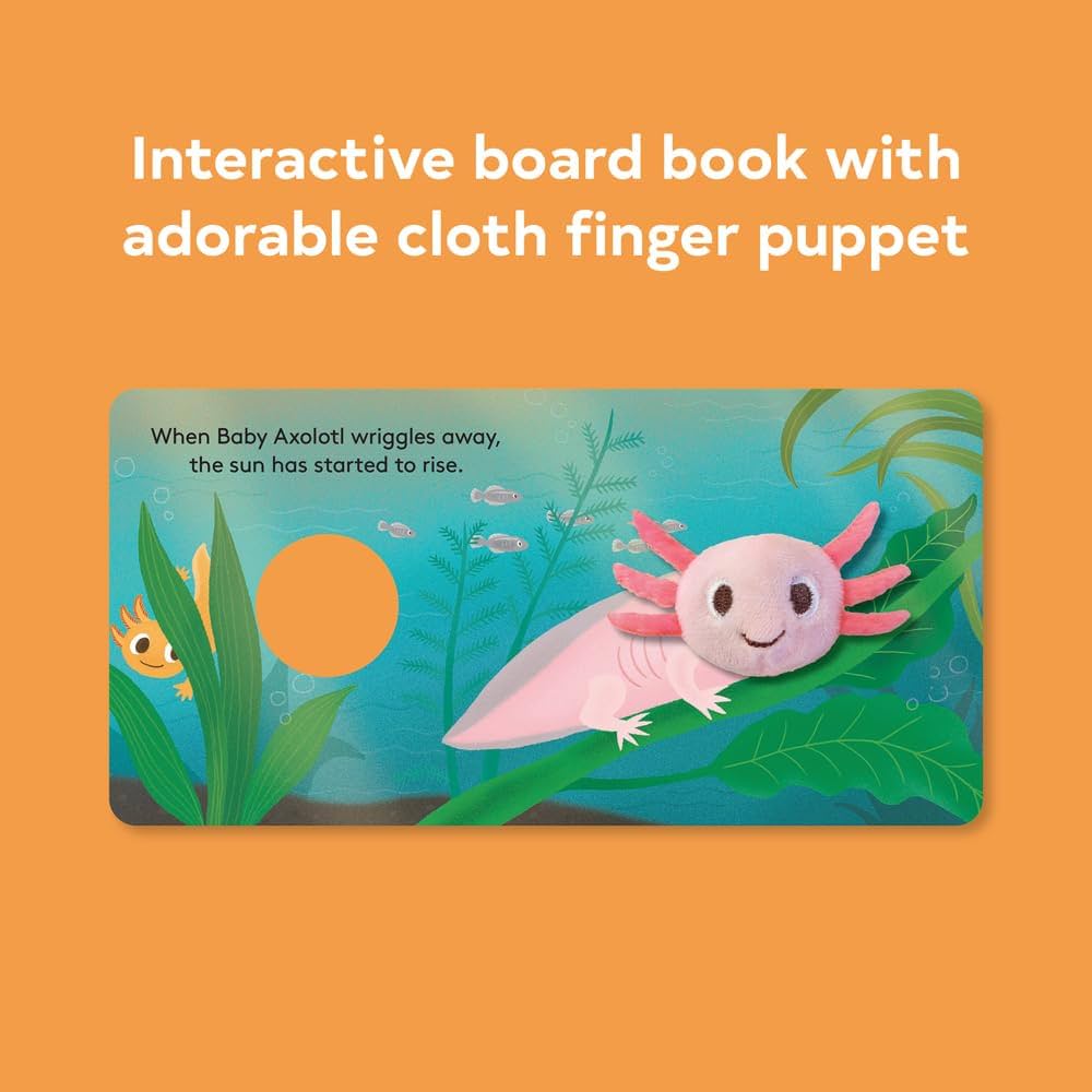 Axolotl finger puppet book - soft plush puppet integrated into board book pages