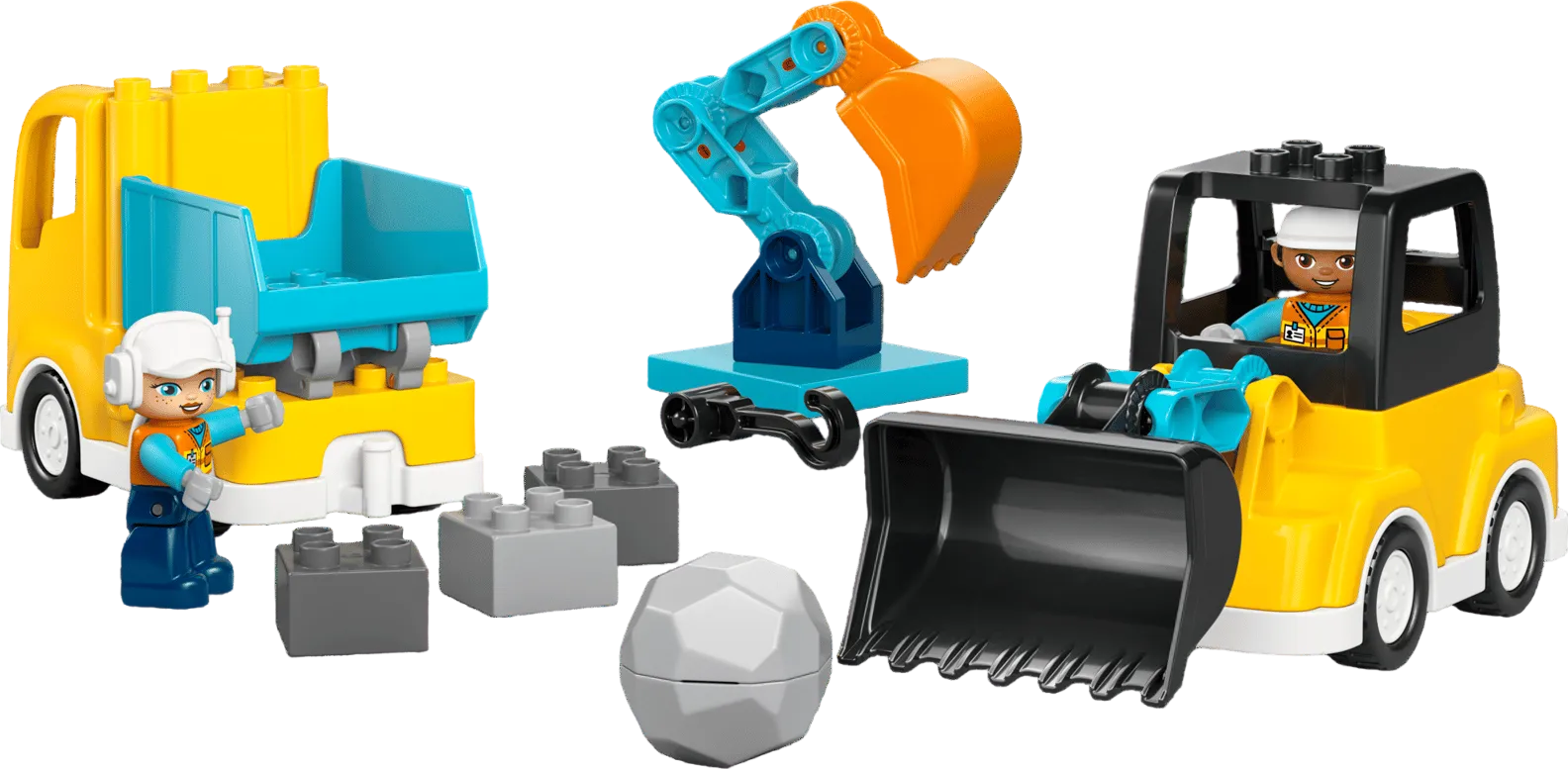 LEGO DUPLO 10475 set rebuilt as a toy excavator digger and a tow truck with two driver figures