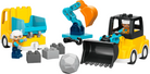 LEGO DUPLO 10475 set rebuilt as a toy excavator digger and a tow truck with two driver figures