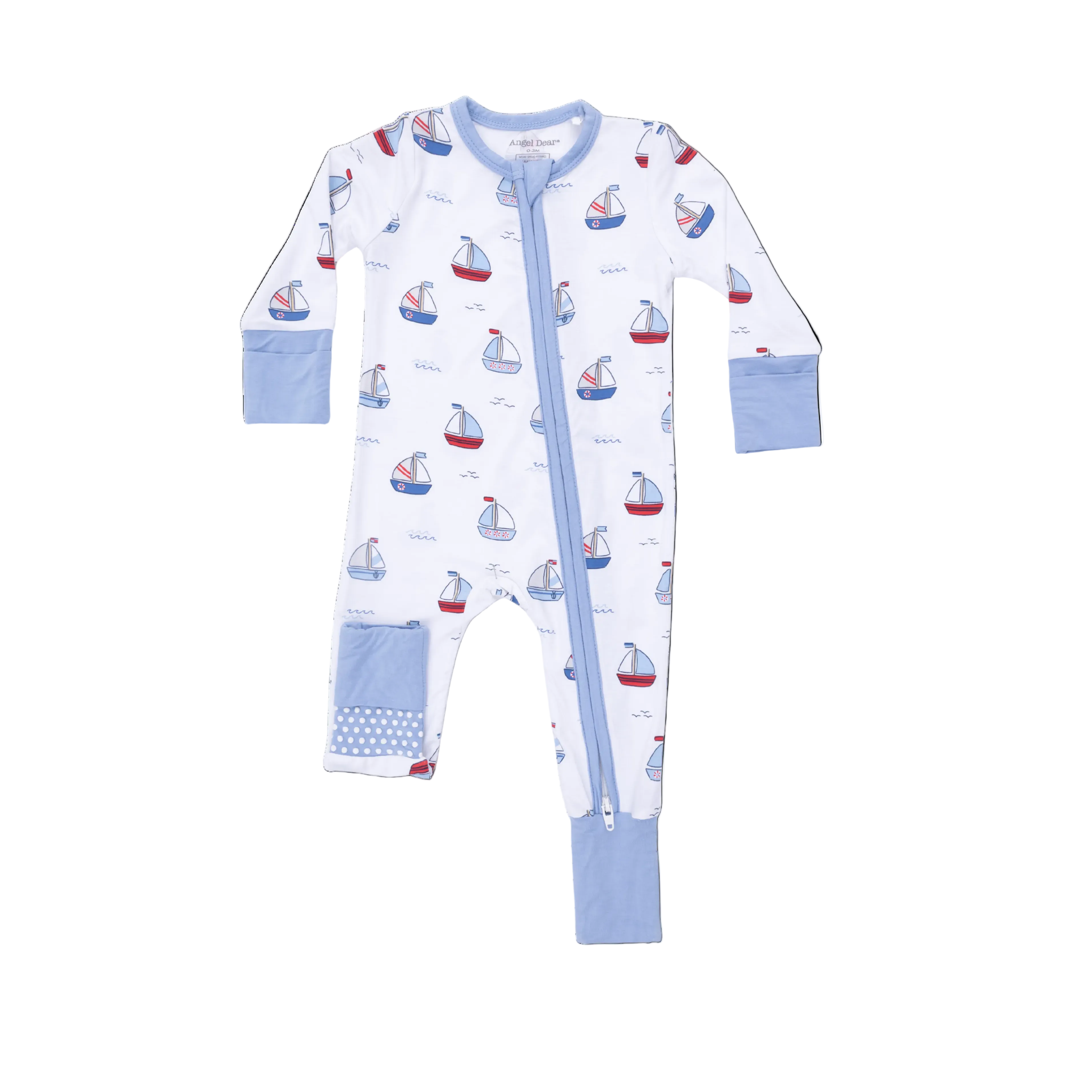 Angel Dear Bubbly Sailboats blue bamboo baby romper with 2-way zipper