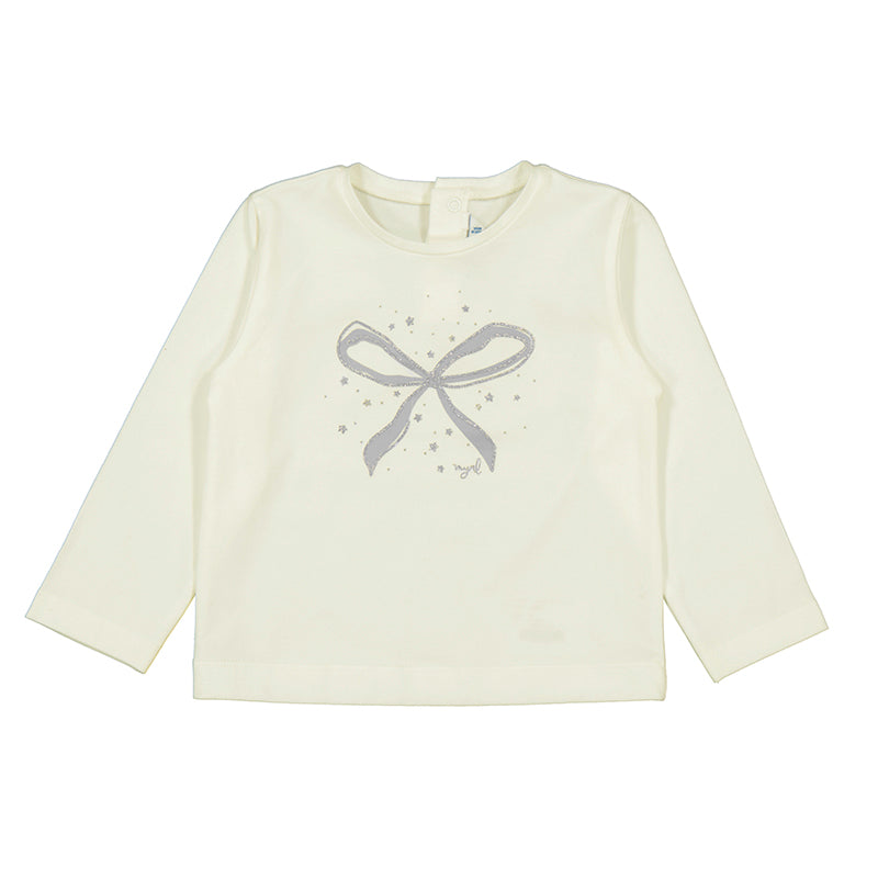 Toddler girl cream long sleeve bow shirt with silver accents