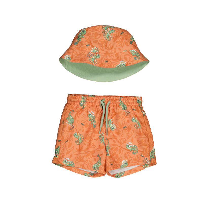 Mayoral boys orange lizard swim trunks with matching sun hat