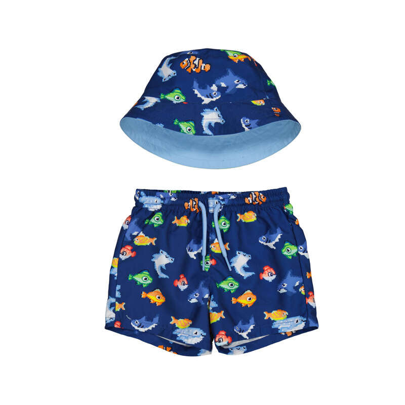 Mayoral boys navy fish print swim trunks with matching hat
