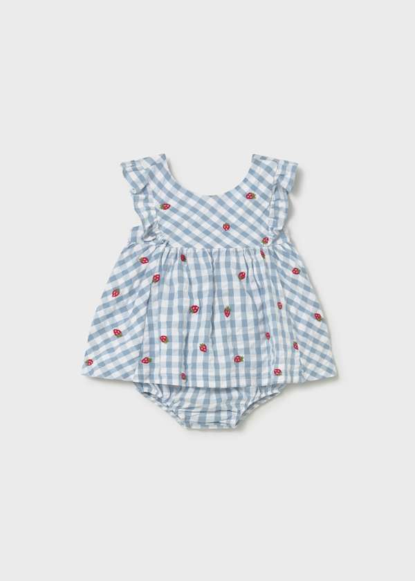 Mayoral Blue Check Strawberry Dress with Bloomer