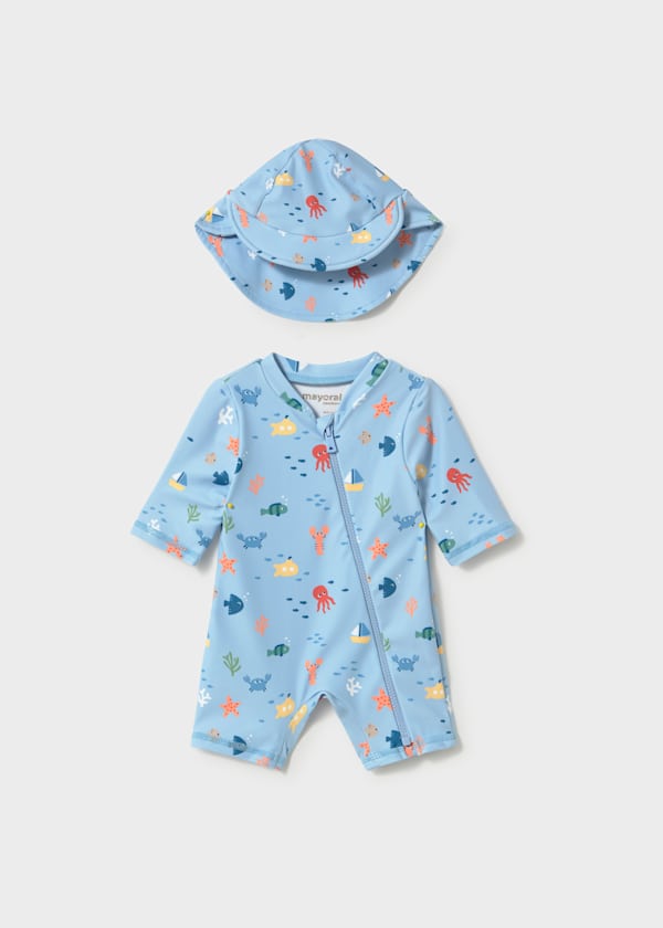 Mayoral Blue Ocean romper swimsuit with hat for baby boys