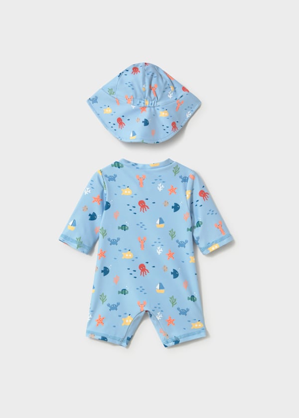 Baby boys blue ocean swimsuit set with matching sun hat