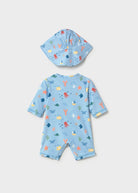 Baby boys blue ocean swimsuit set with matching sun hat