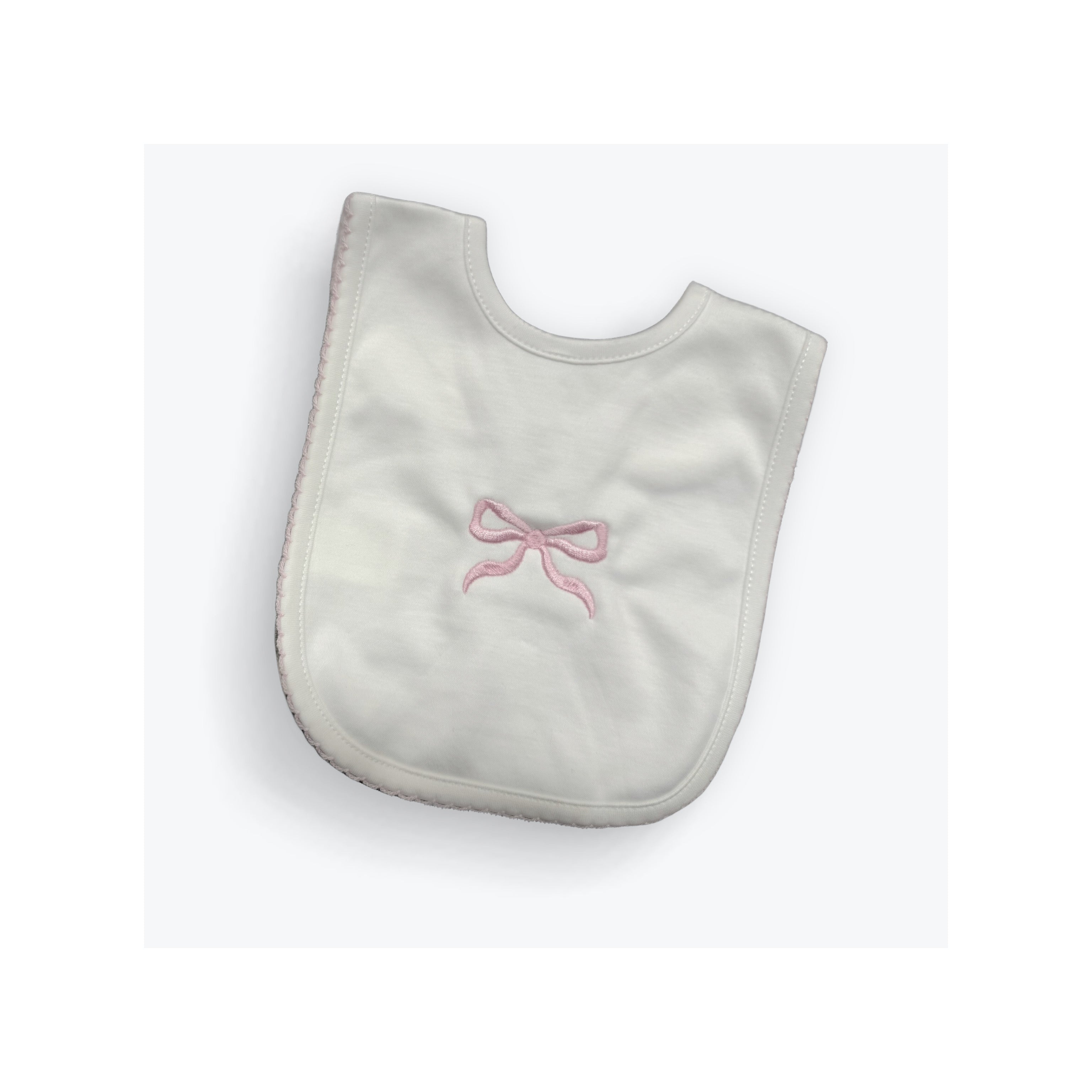 White Pima bib with pink bow embroidery / Cute as Buttons 