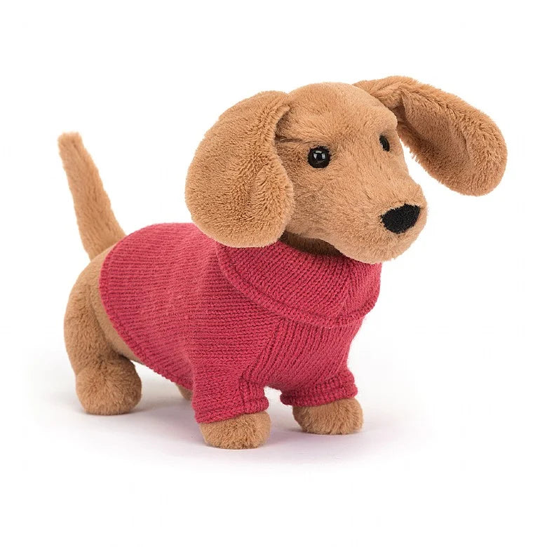 sweater sausage dog pink by jellycat, jellycat, jellycat retailer, jellycat stuffed animals, jellycat dog