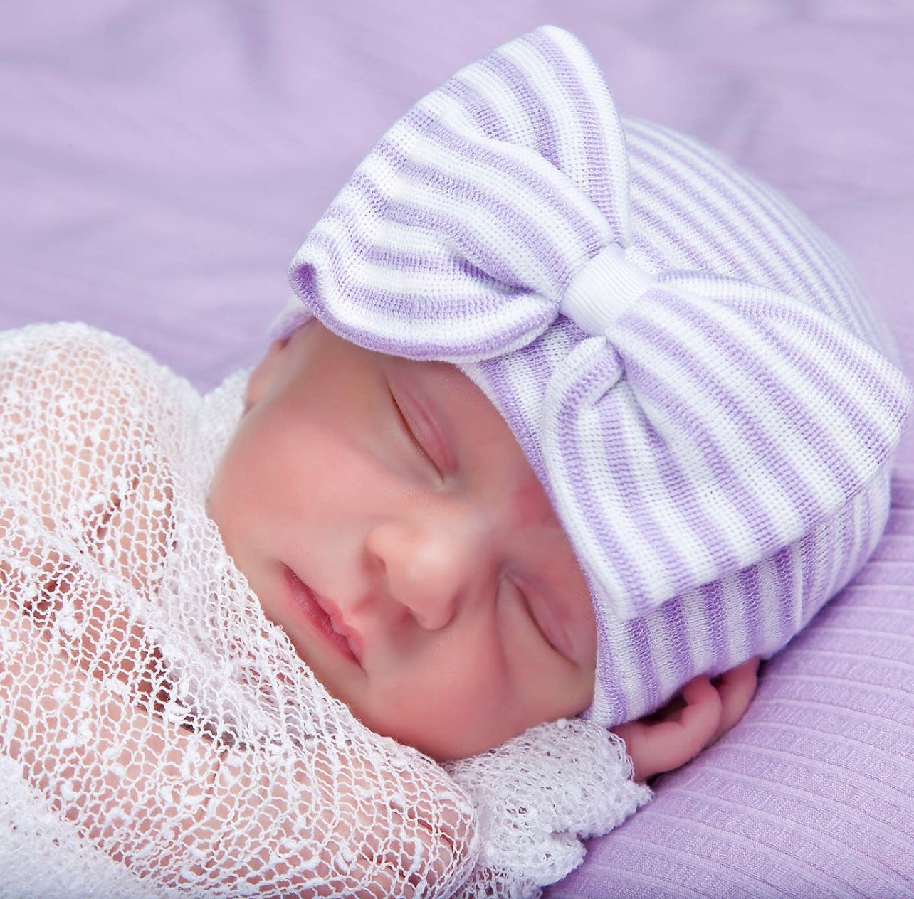 Stella Purple Stripe Bow Newborn Hospital Hat - Main Image