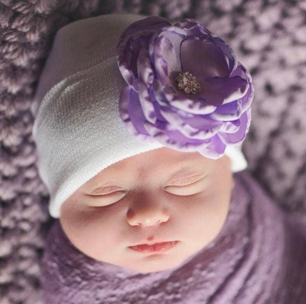 newborn hospital hat, newborn photo shoot ideas, purple flower beanie, hospital hat, newborn hats,