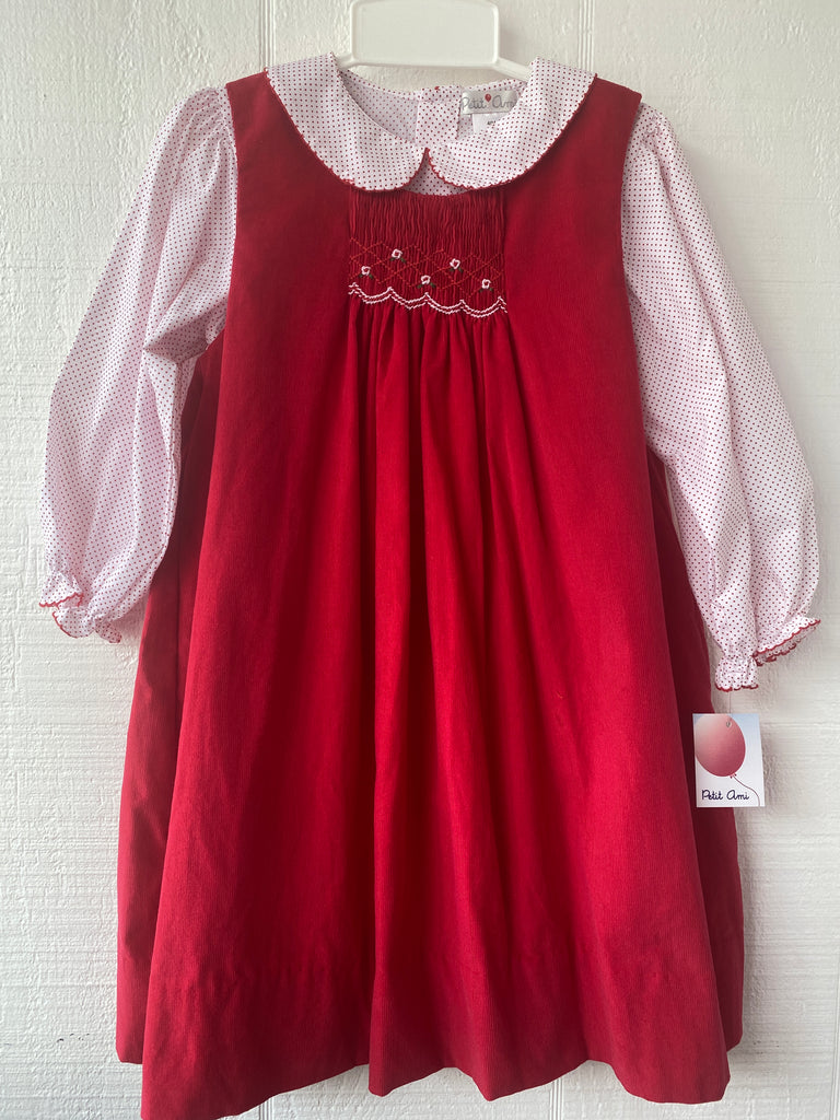 petit ami, red corduroy jumper, christmas dress for girls, best baby boutique, classic childrens clothing, christmas outfit for girls