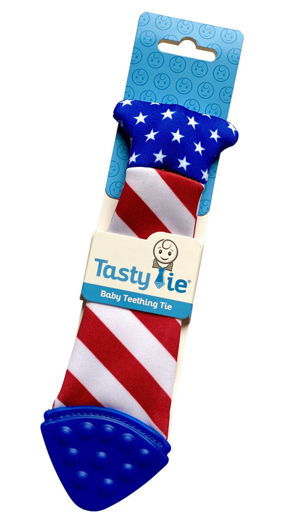 seersucker teether, tasty tie, baby boy teether, baby teether, baby gift, baby boutique, american flag tie, usa tasty tie