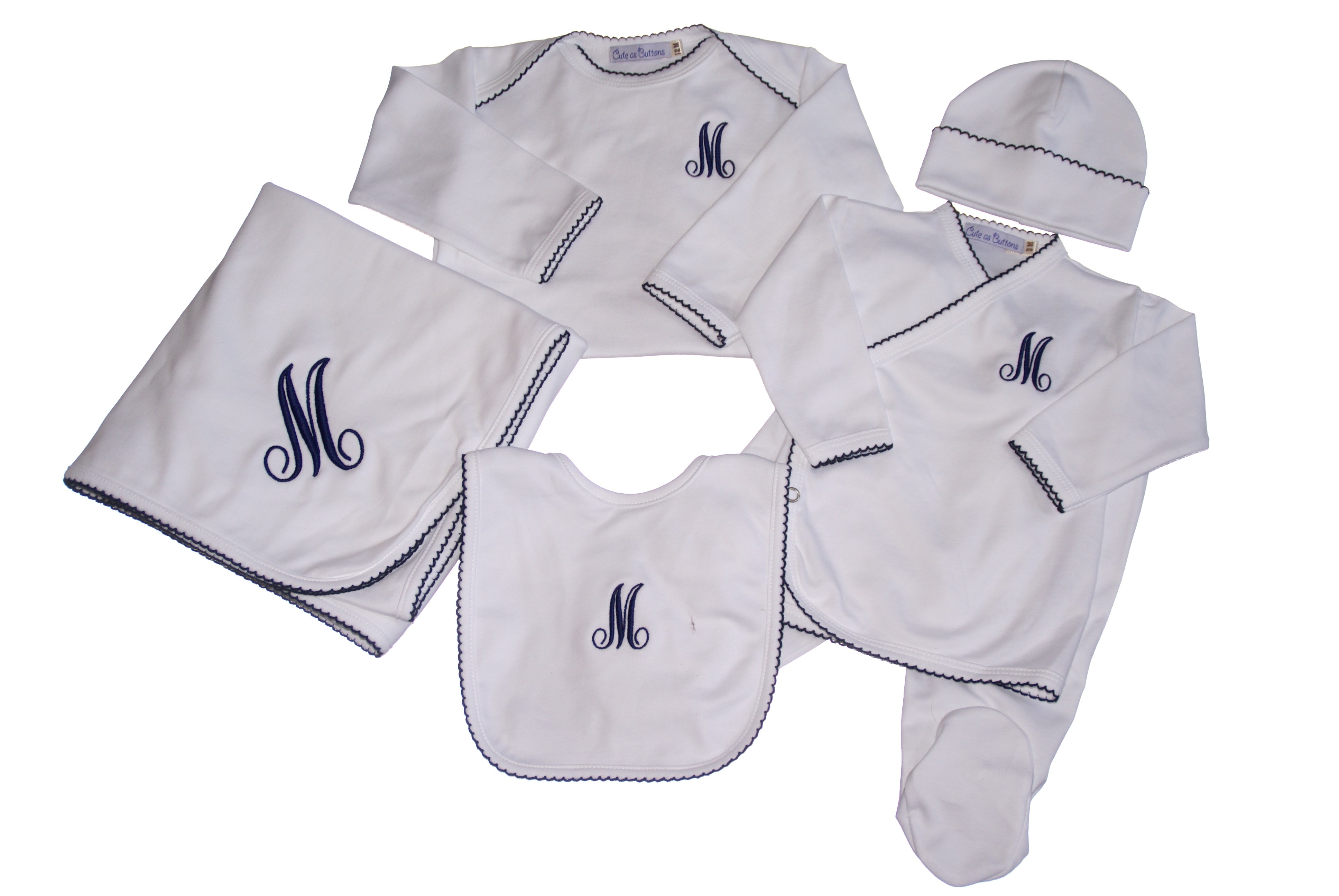 Luxury baby layette set by Cute as Buttons - personalized pima cotton newborn essentials