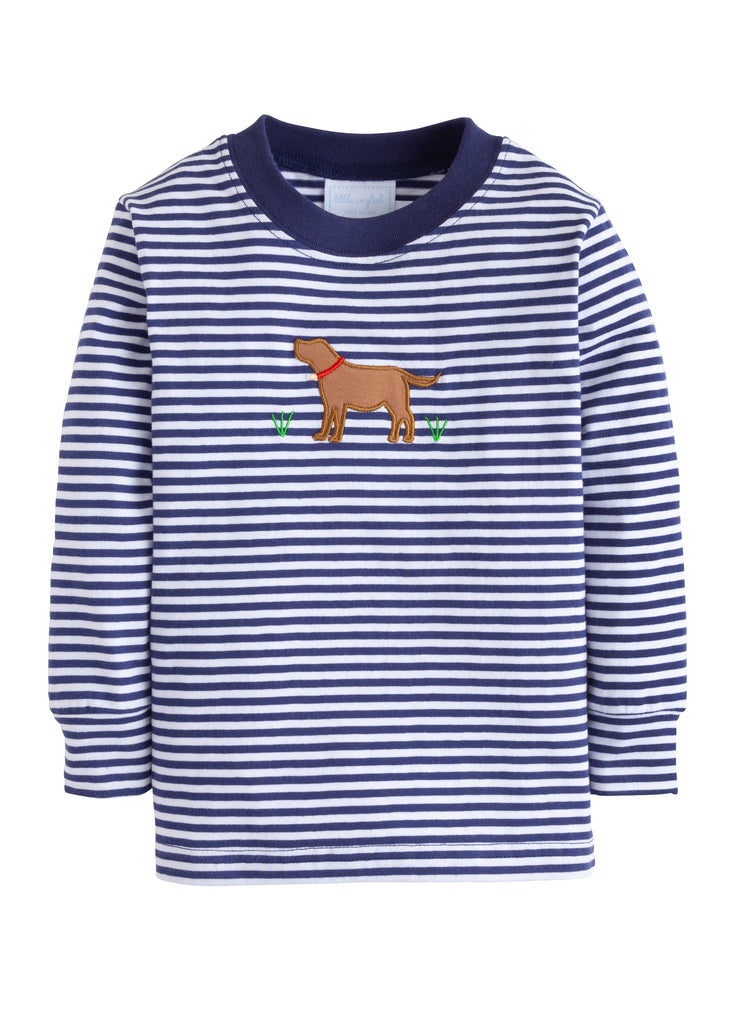 little english, chocolate lab tee, navy striped tee, long sleeve tee for kids, baby clothing, toddler clothing, classic childrens clothing, baby boutique, best baby boutique, cute kids shop, toddler boy clothes, preppy boy clothing