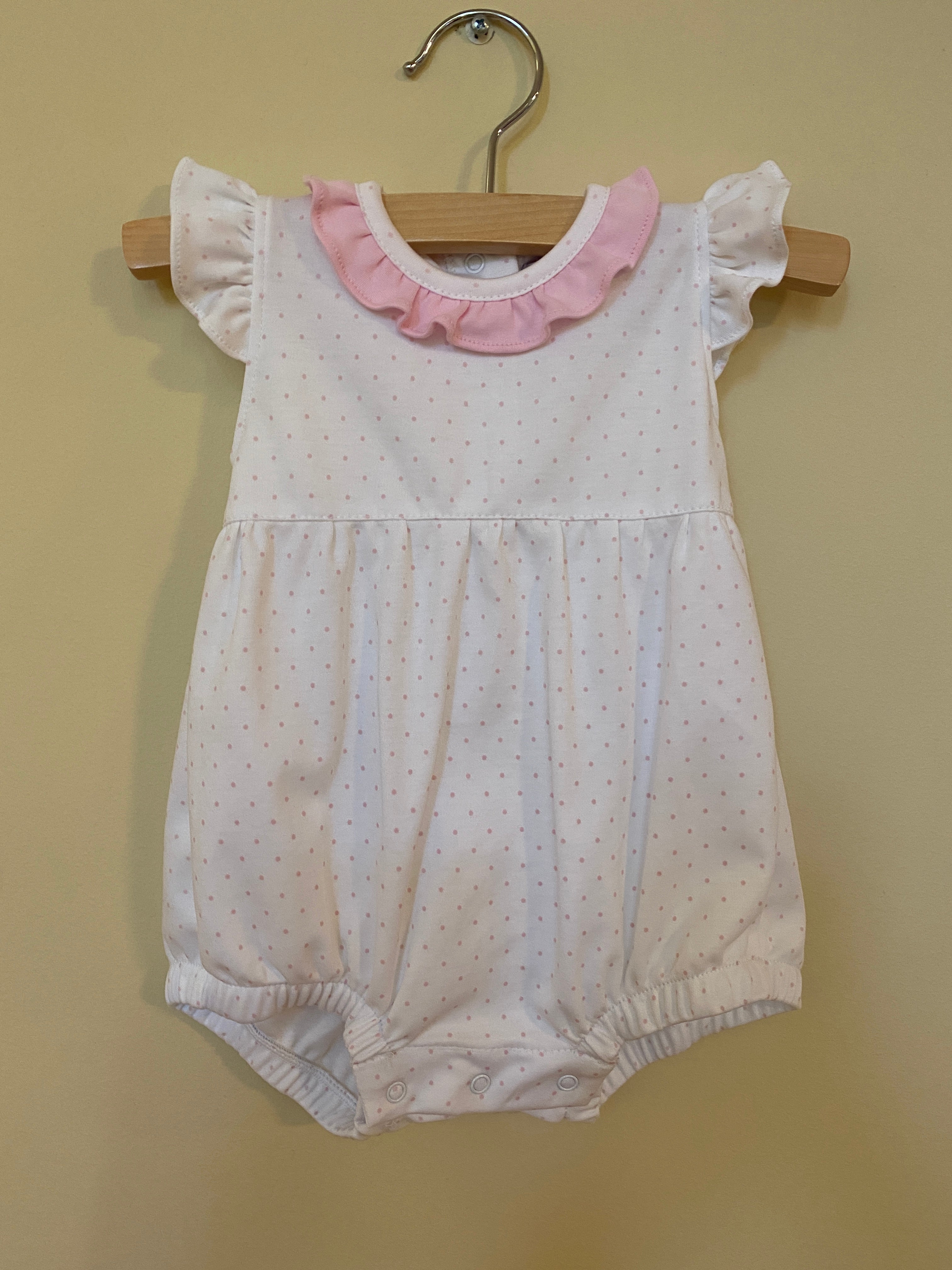 cute as buttons, pima cotton bubble, baby girl clothing, baby girl sunsuit, baby girl bubble, summer clothes for baby girl, pino dot print bubble, baby boutique clothing