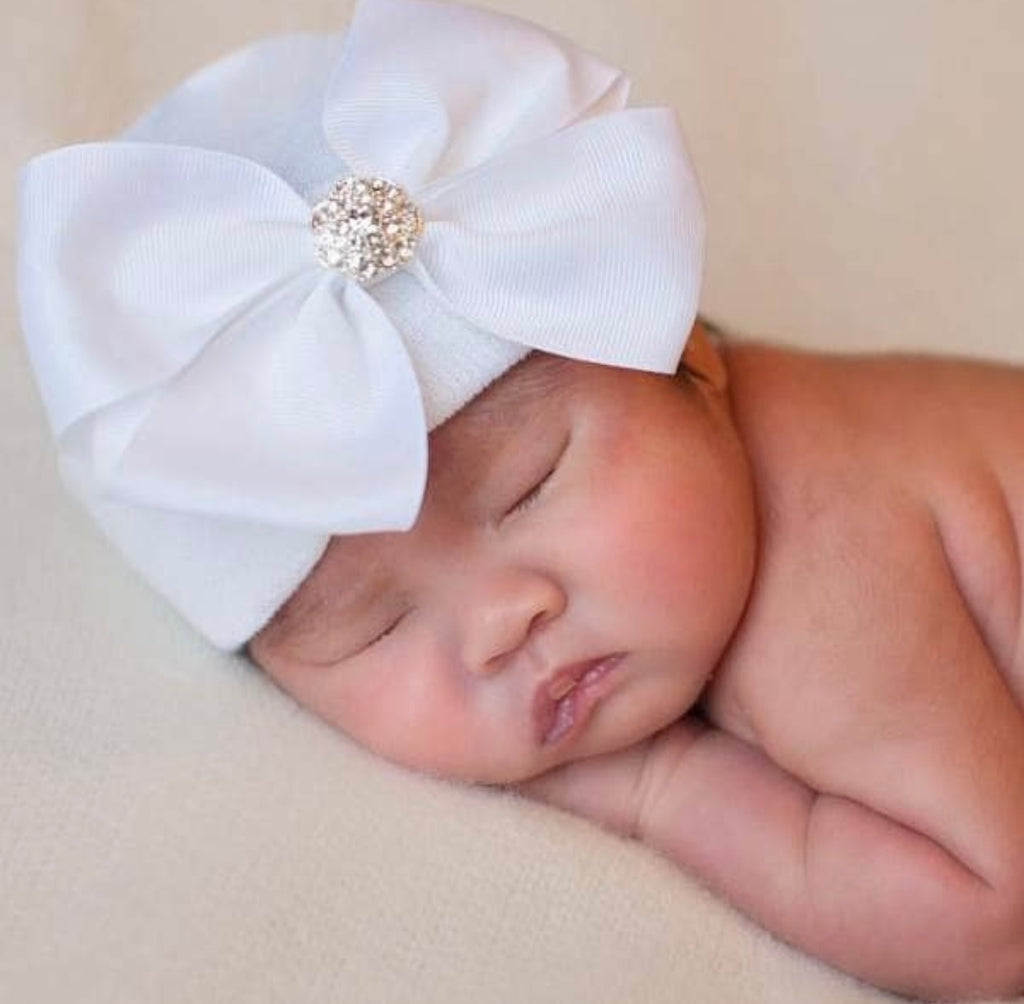 snow white hospital hat, baby hat, newborn photo prop, newborn baby beanie, bow hat, baby gift, hospital hat, baby boutique