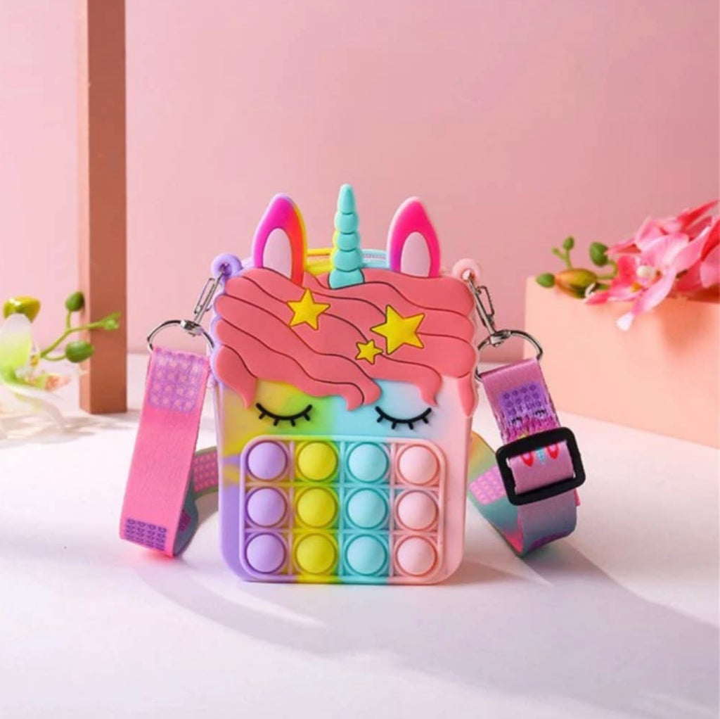 pop it rainbow purse, unicorn purse, sensory play, girl accessories 