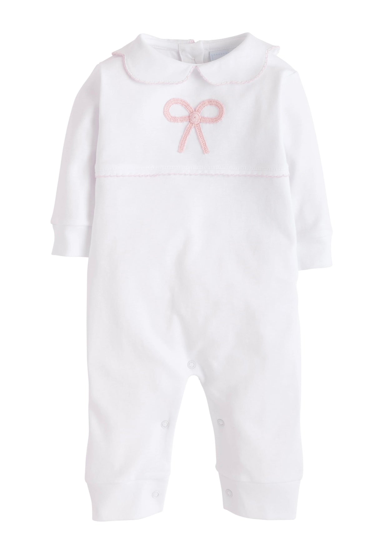 little english, classic childrens clothing, bow playsuit, bow romper, pima cotton baby clothing, bow crochet baby outfit, best baby store