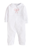 little english, classic childrens clothing, bow playsuit, bow romper, pima cotton baby clothing, bow crochet baby outfit, best baby store