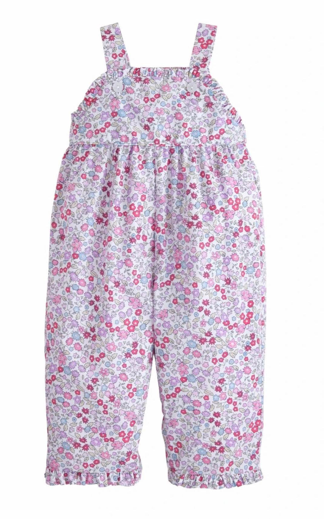 littke english, ruffled overall, royal garden, classic childrens clothing, best baby boutique, baby girl clothing