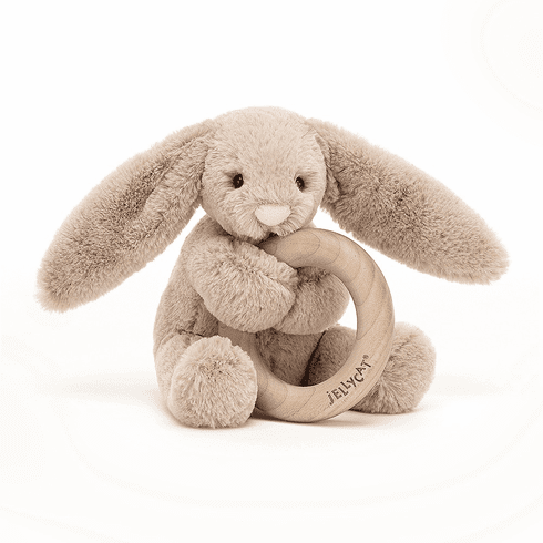 jellycat, jellycat retailer, bashful beige wooden ring toy, best baby boutique, bunny ring rattle, 