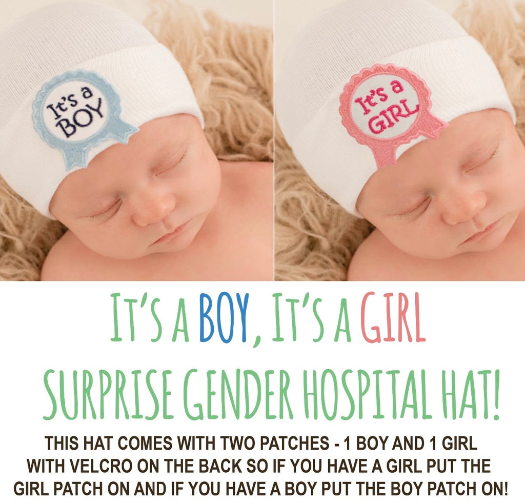 newborn hospital hat, gender neutral hospital hat, boy or girl baby hat, suprise gender baby hat, baby boutique, its a boy hospital hat, its a girl hospital hat, newborn beanie, 