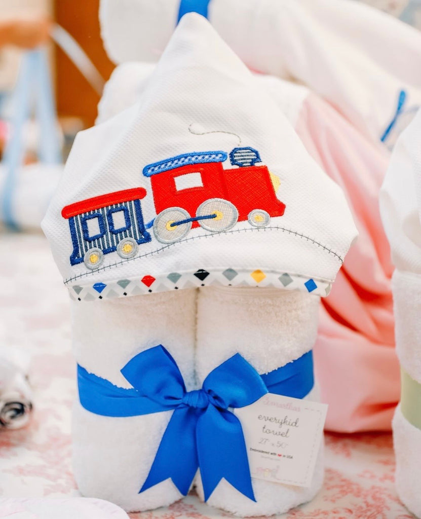 hooded towel, baby gift, trains, choo choo, toddler towel, baby boy gift, monogram