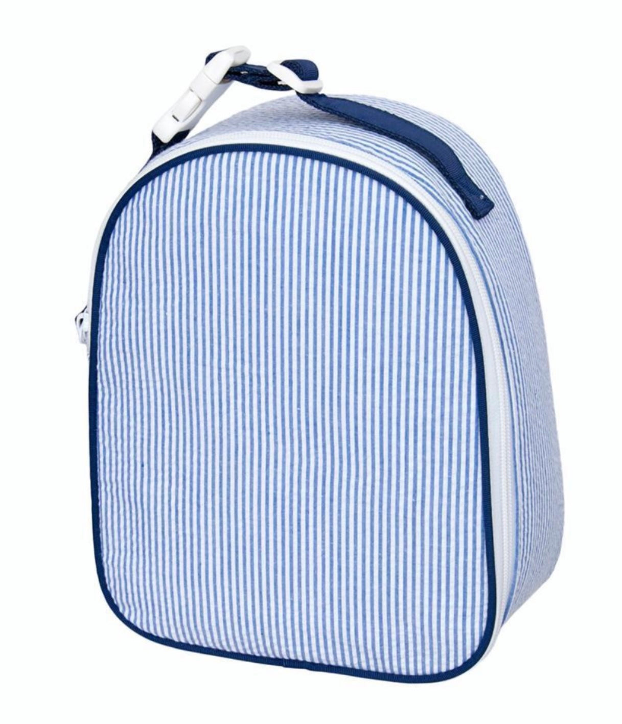 oh mint, lunchbox, monogrammed lunch box, personalized lunch box, navy seersucker lunchbox, gumdrop, 