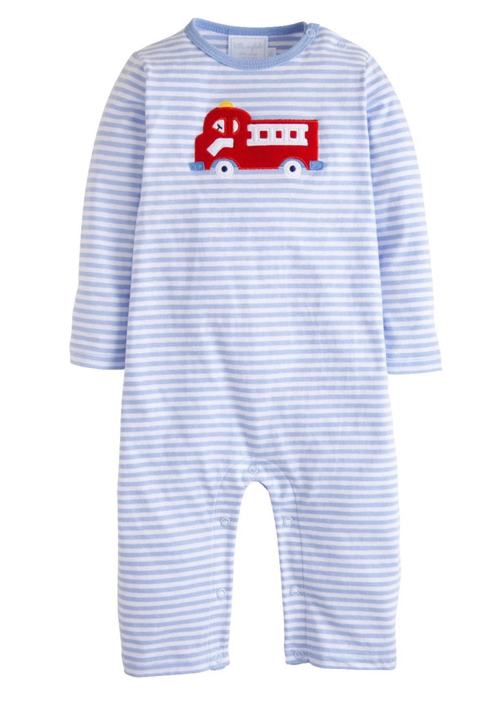 little english, firetruck romper, classic childrens romper, best baby boutique, fire truck baby clothing, baby clothing