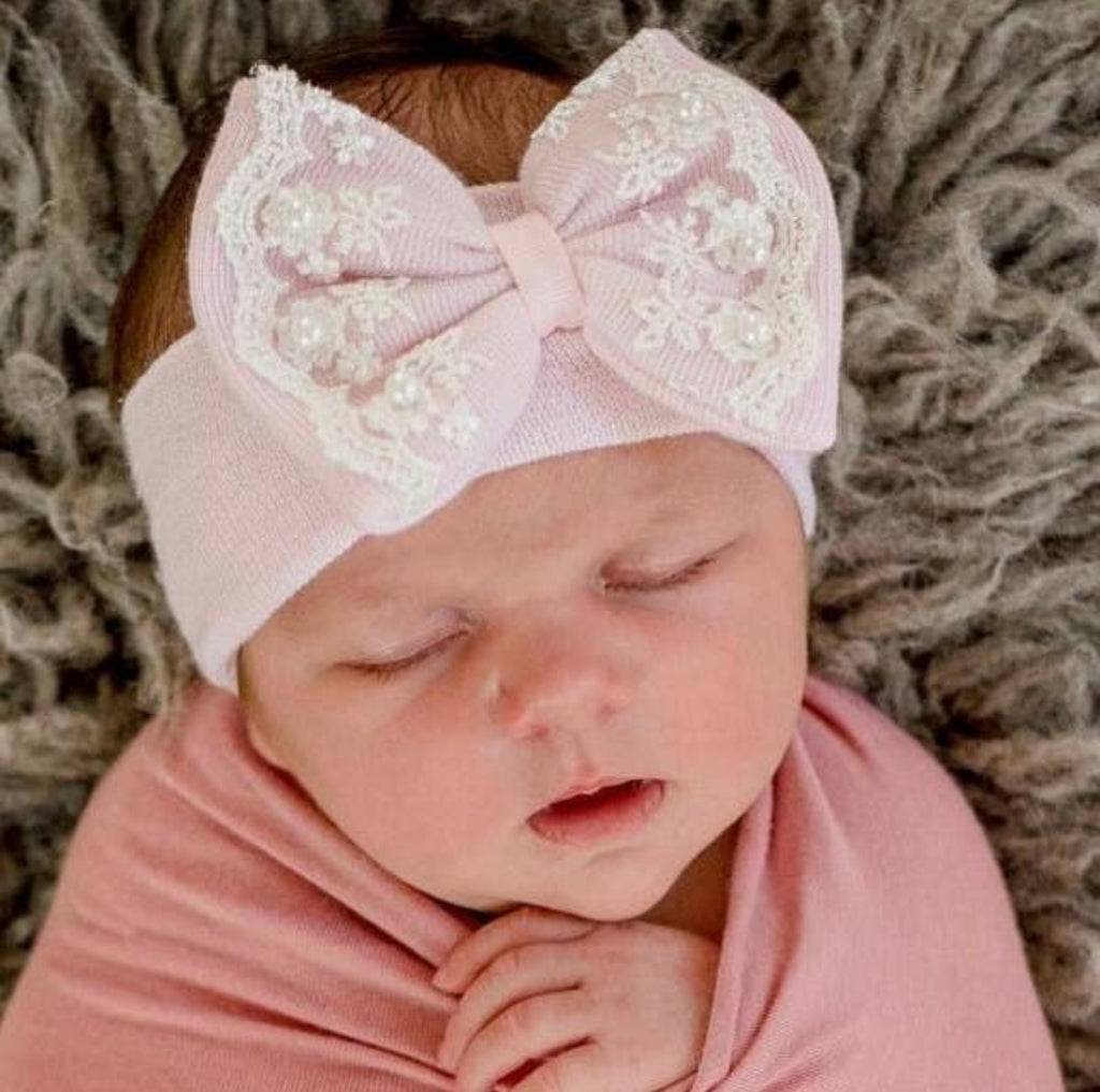 newborn headband, lace and pearl bow headband, baby girl headband, newborn photo prop, newborn photography