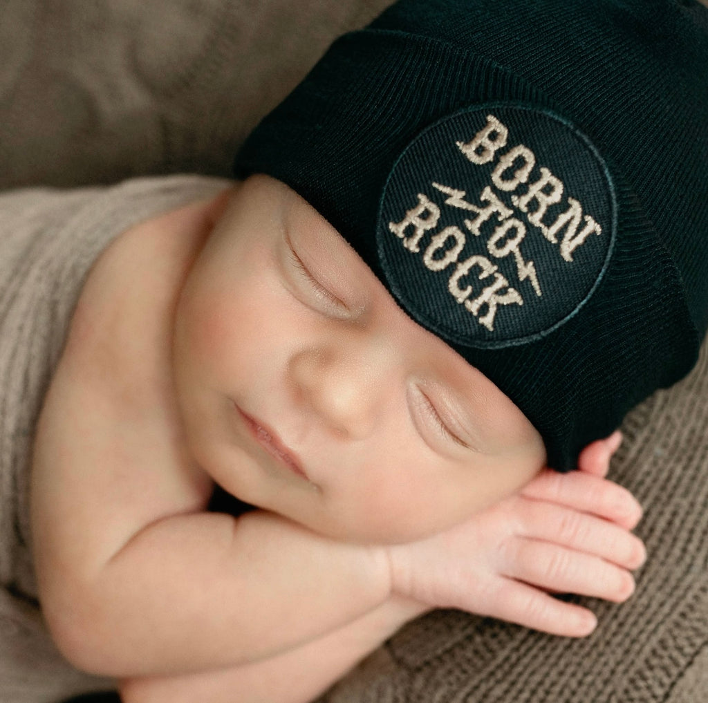 born to rock, newborn hospital hat, baby boy beanie, newborn photography, baby boutique, black newborn hat, boy clothing, newborn clothing,