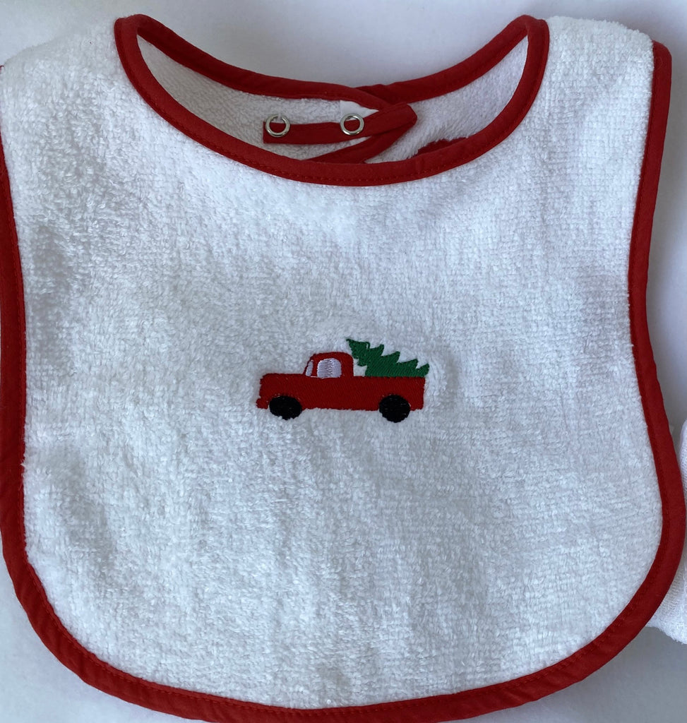christmas bib, first christmas, baby gift, unique baby gift, best baby gift, baby chrsitmas gift, best baby boutique, embrodiered bib, baby bib, red truck and tree bib, sweet baby gift