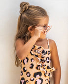 Girls Leopard Print Ruffle One-Piece Swimsuit  on Model